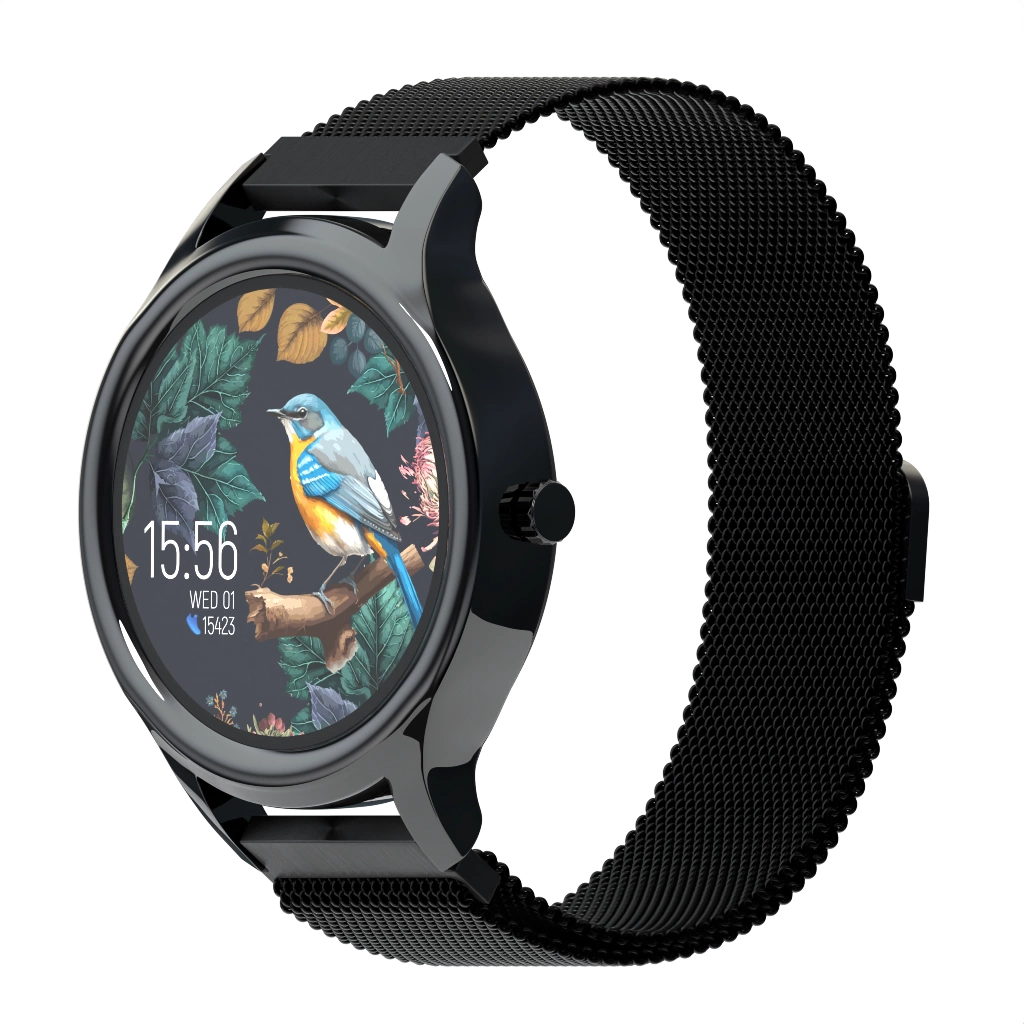 Czarny smartwatch z okrągłą tarczą wyświetlającą wzór ptaka i kwiatowy.