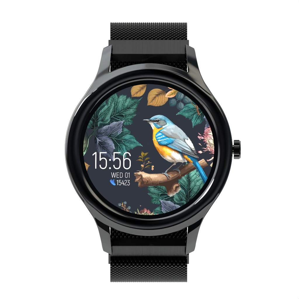 Czarny smartwatch wyświetlający ptaka na gałęzi z kwiatami. Zegarek ma czarny pasek.