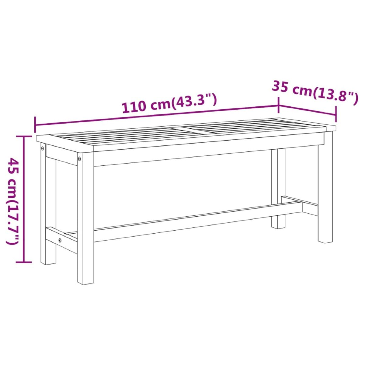 Panca in legno con dimensioni etichettate in cm e pollici.
