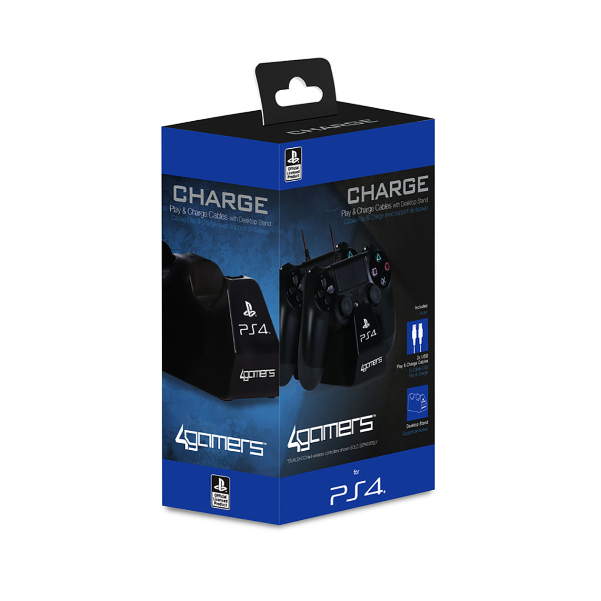 PS4-Controller-Ladegerätbox. Schwarze und blaue Box mit Gamecontroller-Bild und Produktdetails.