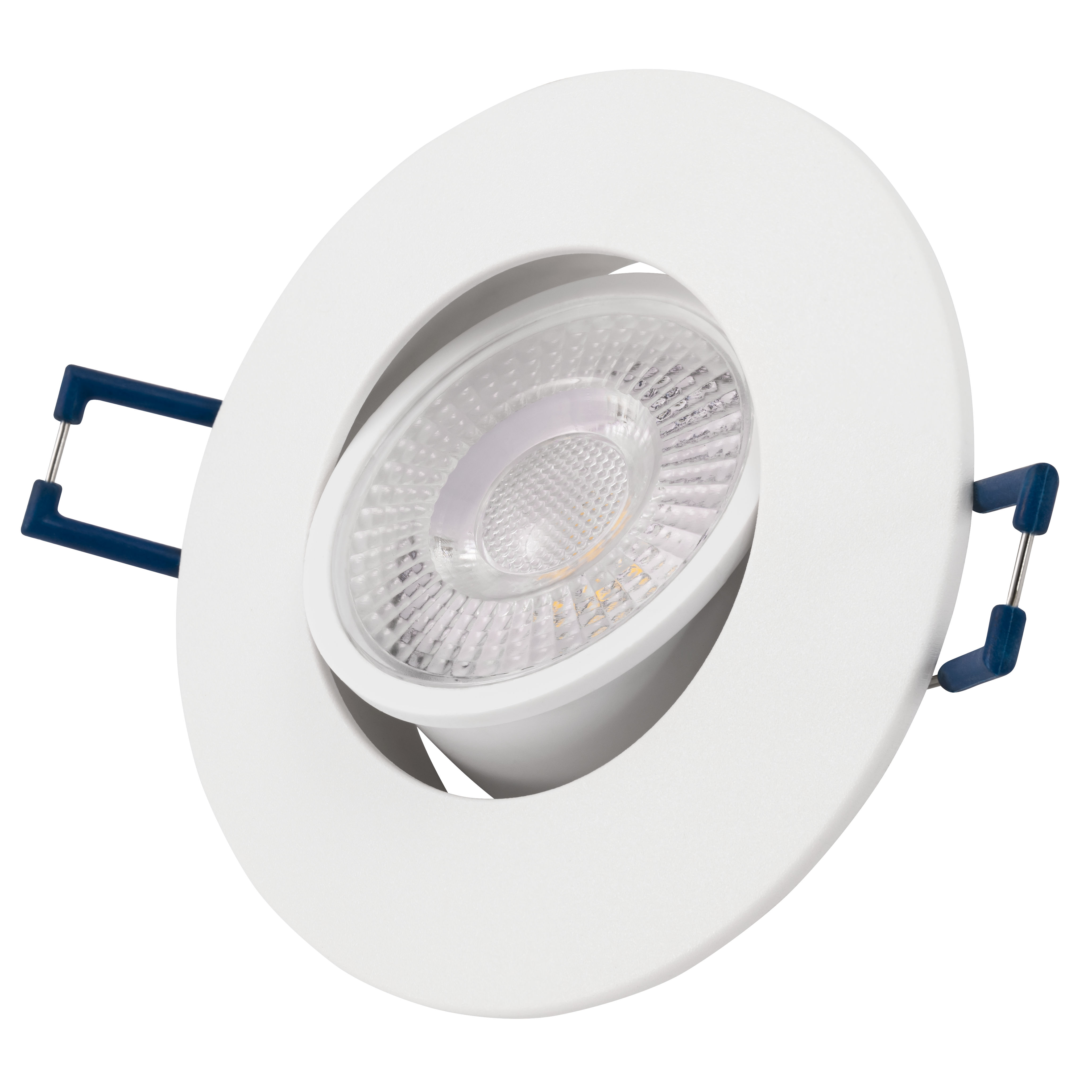 Weißes Einbau-Deckenlicht mit zentraler Lichtquelle und blauen Clips.