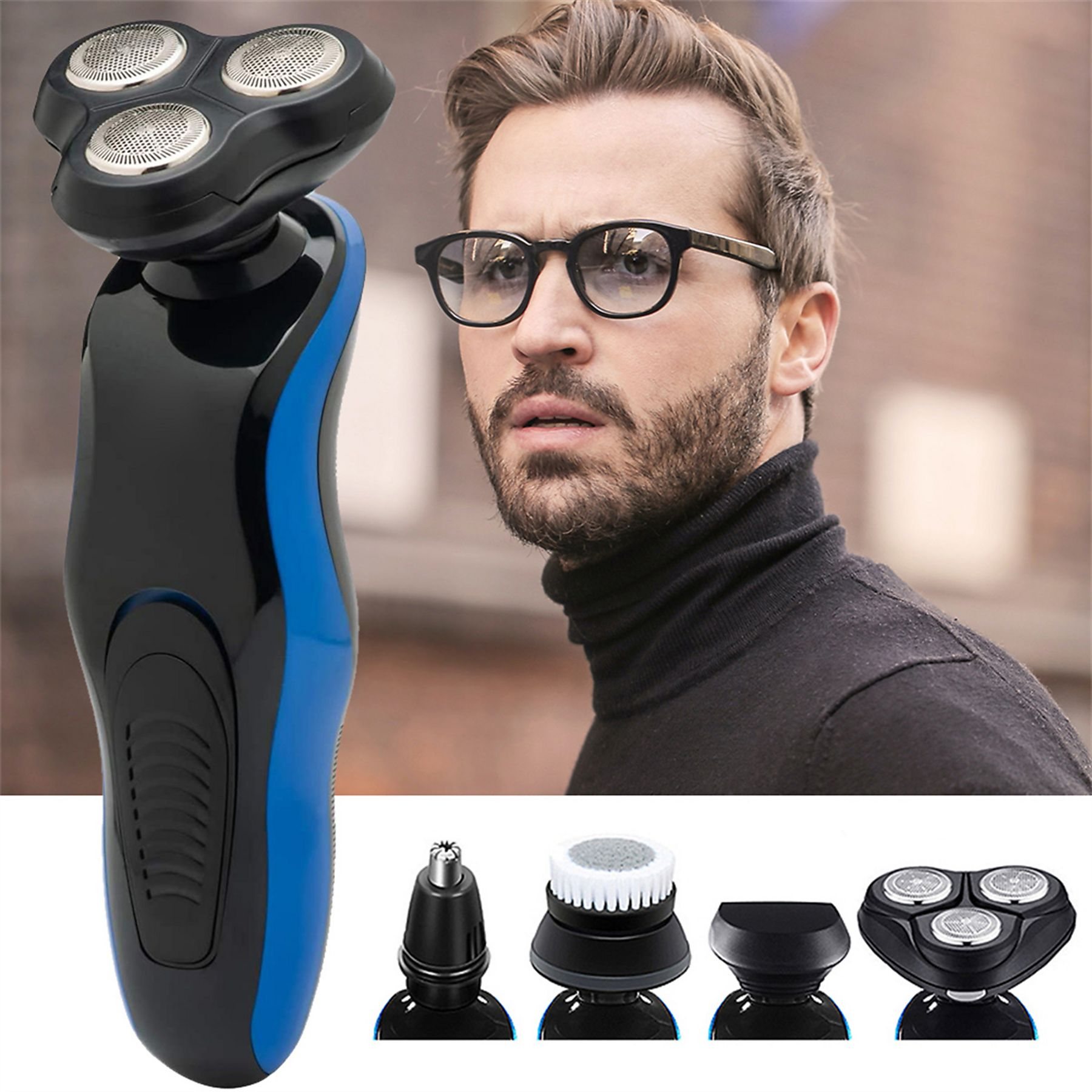 Mann mit Brille benutzt einen Elektrorasierer. Zusätzliche Rasierköpfe werden unten angezeigt.