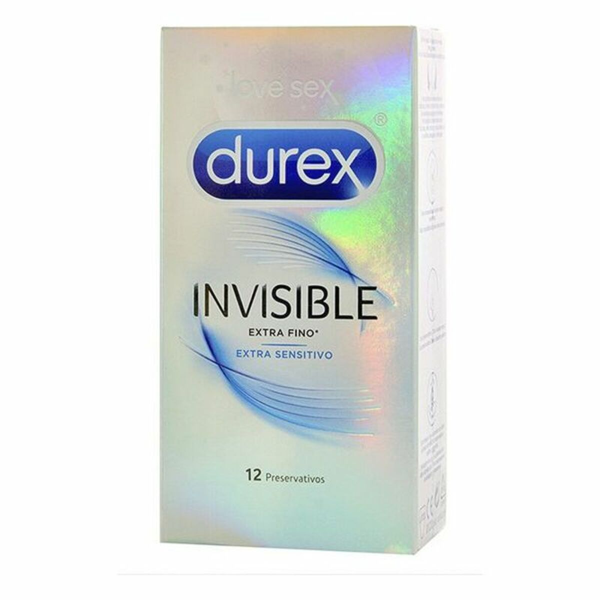 Schachtel mit Durex Invisible Kondomen. Silber-weiße Verpackung mit 'Invisible' Text.