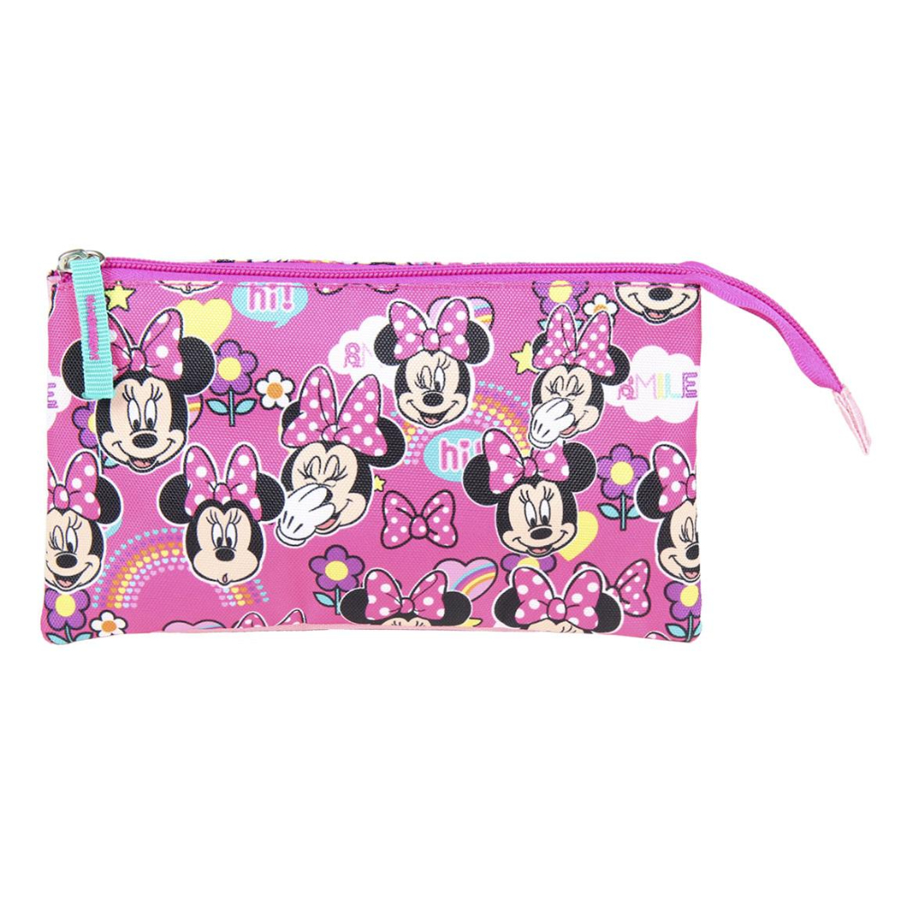 Estuche rosa de Minnie Mouse con ilustraciones de Minnie Mouse, arcoíris y lazos.