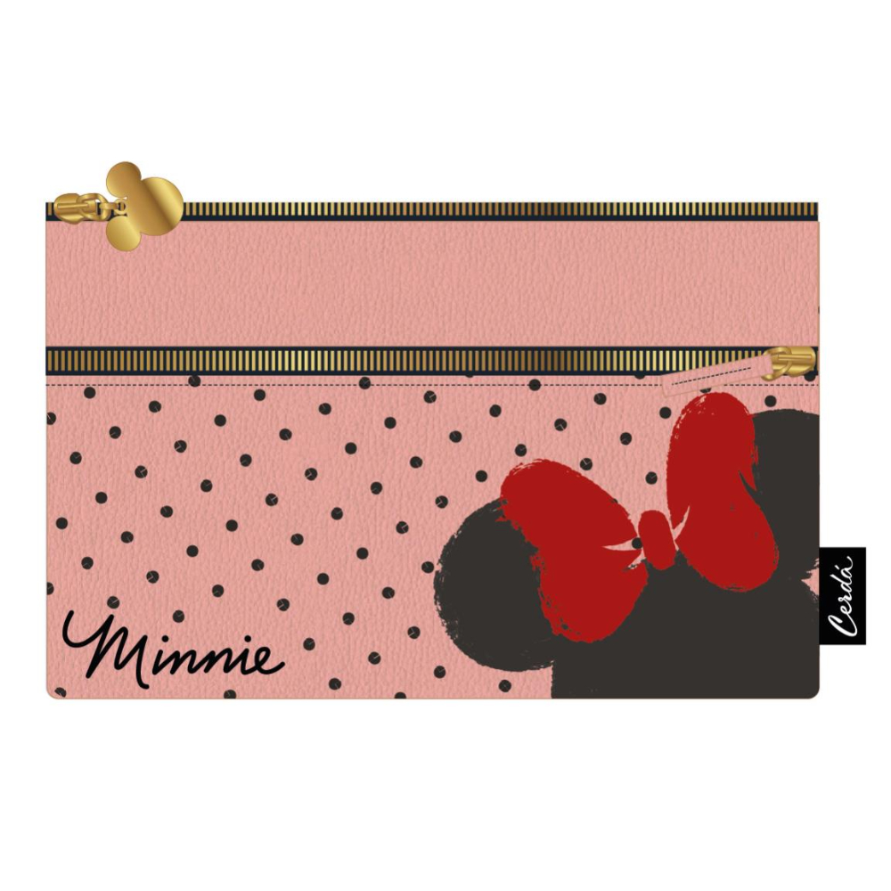 Bolsa rosa con lunares, una silueta de Minnie Mouse, cremallera dorada y el nombre 'Minnie'.