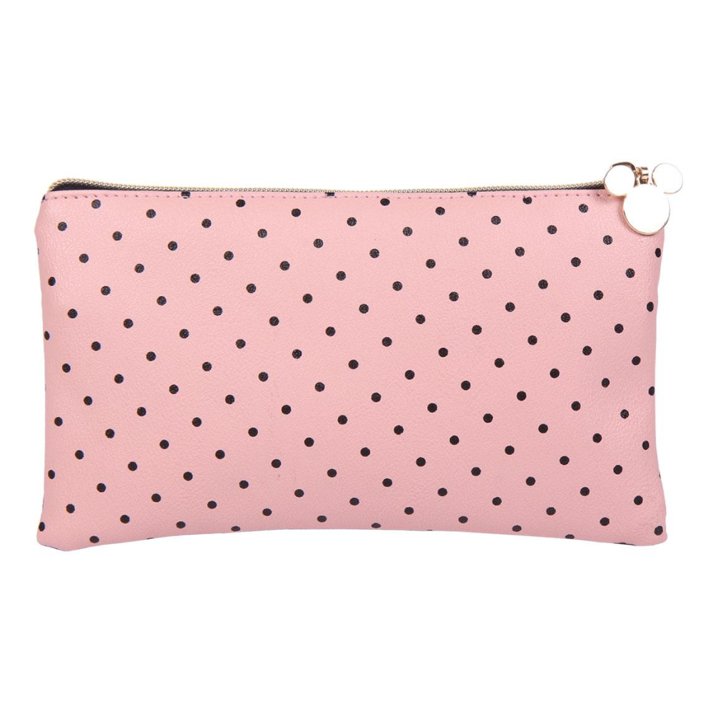 Bolsa rosa con lunares negros y un tirador de cremallera con la cabeza de Mickey Mouse dorada.