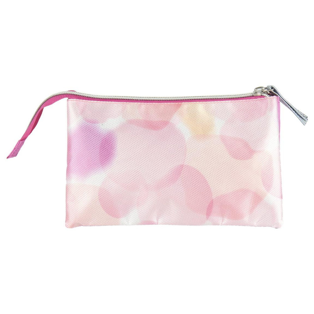 Un neceser rosa con un patrón floral abstracto y una cremallera.