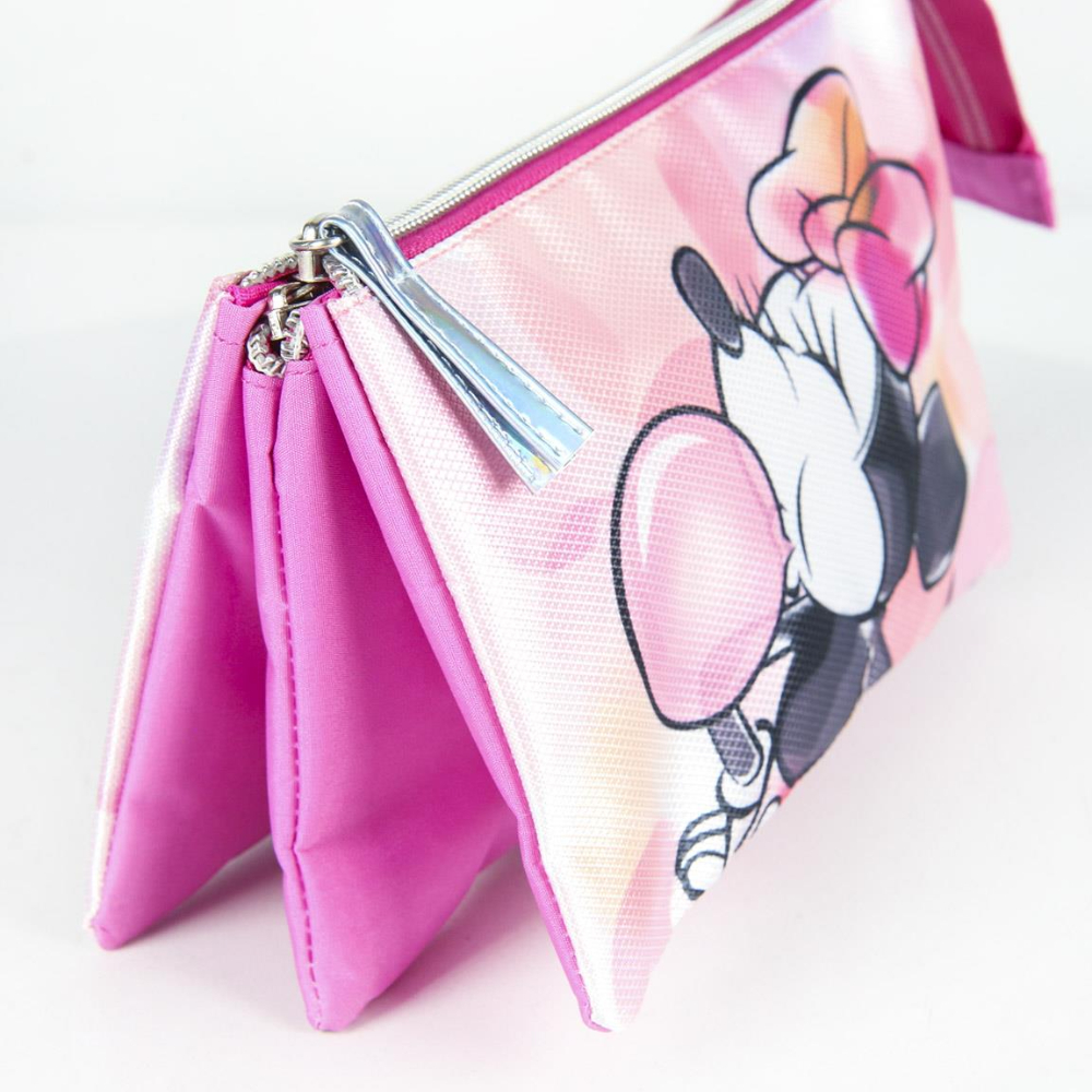 Estuche rosa de Minnie Mouse, abierto. Imagen de Minnie Mouse en la parte delantera. Fondo blanco.
