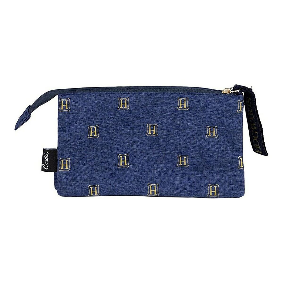 Bolsa azul con cremallera y patrones dorados de 'H'. Contiene una correa negra con texto 'HOGWARTS'.
