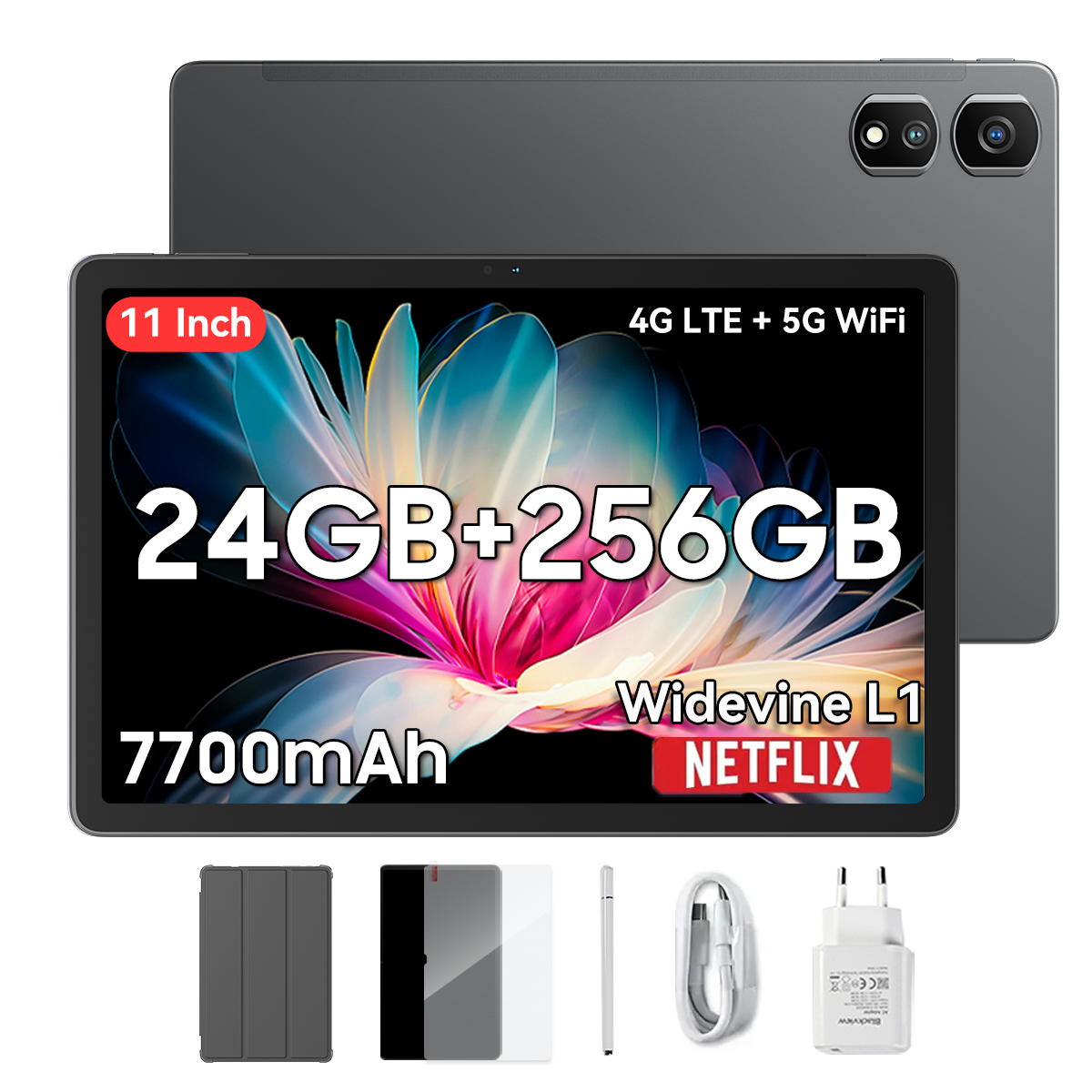 Tablet mit 11-Zoll-Bildschirm, 24GB+256GB, 7700mAh Akku und Zubehör.