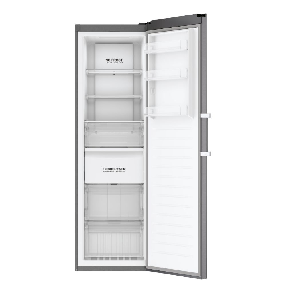 Refrigerador Haier abierto. Estantes, cajones y la etiqueta NO FROST son visibles.