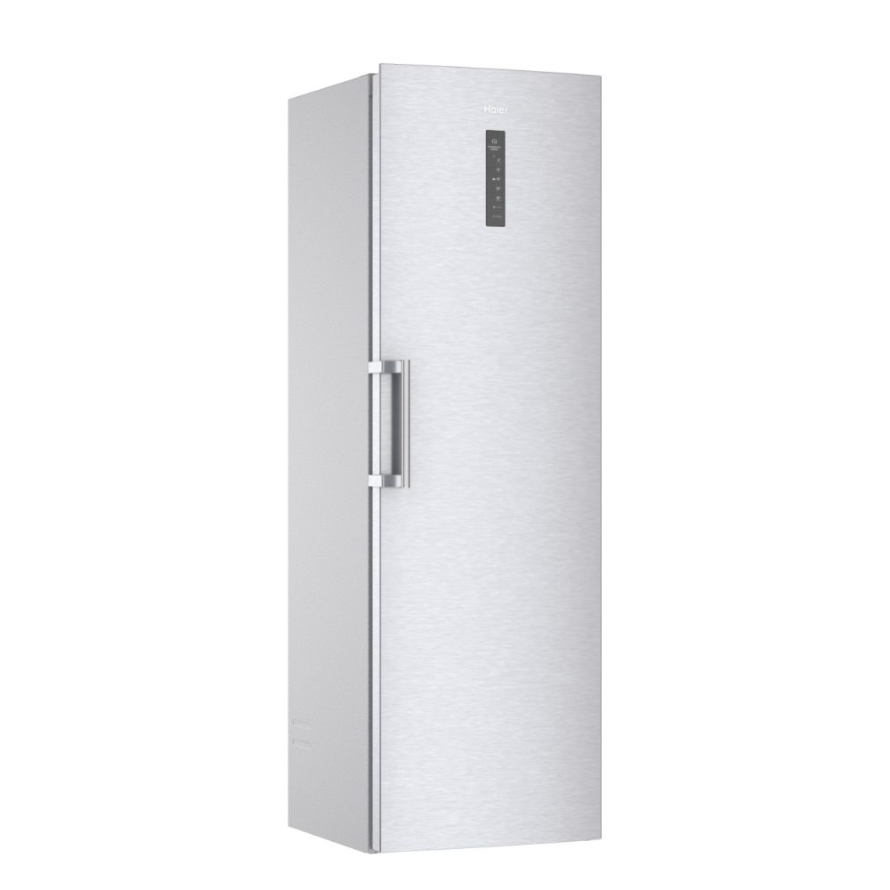 Congelador Haier alto y plateado. Tiene una manija y un panel de control en la puerta.