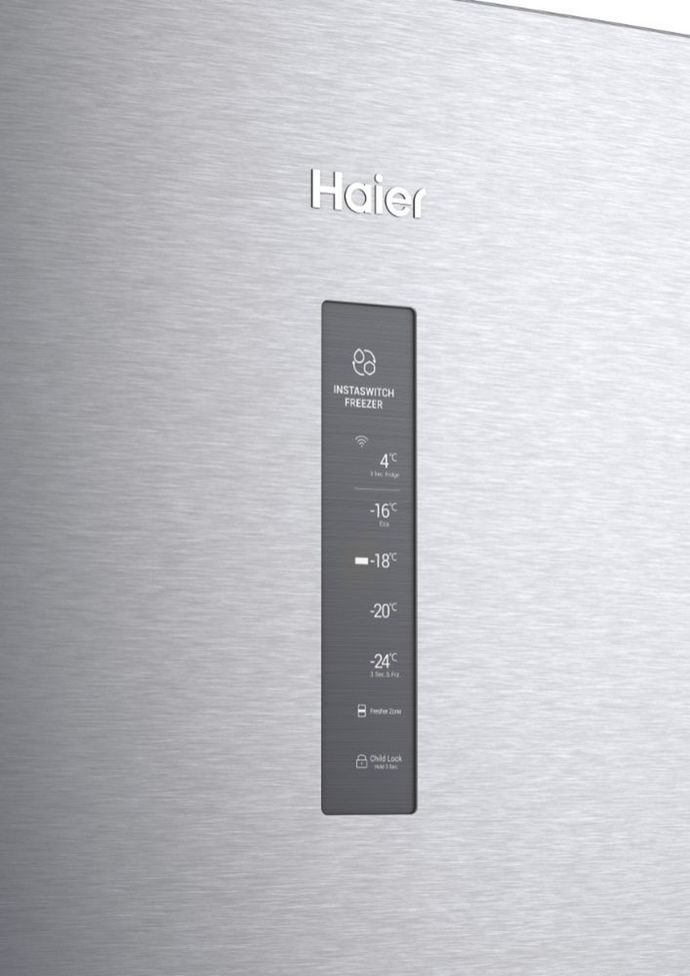 Primer plano del panel de control de un congelador Haier con ajustes de temperatura e iconos.