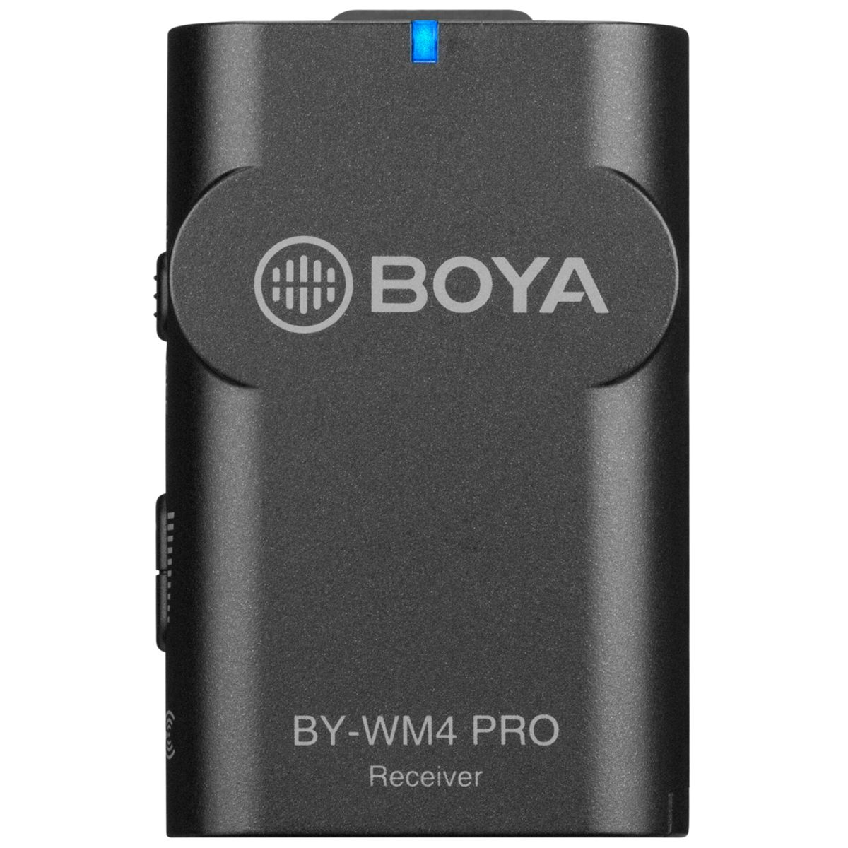 Een zwarte BOYA BY-WM4 PRO-ontvanger met een blauw lichtje bovenop.