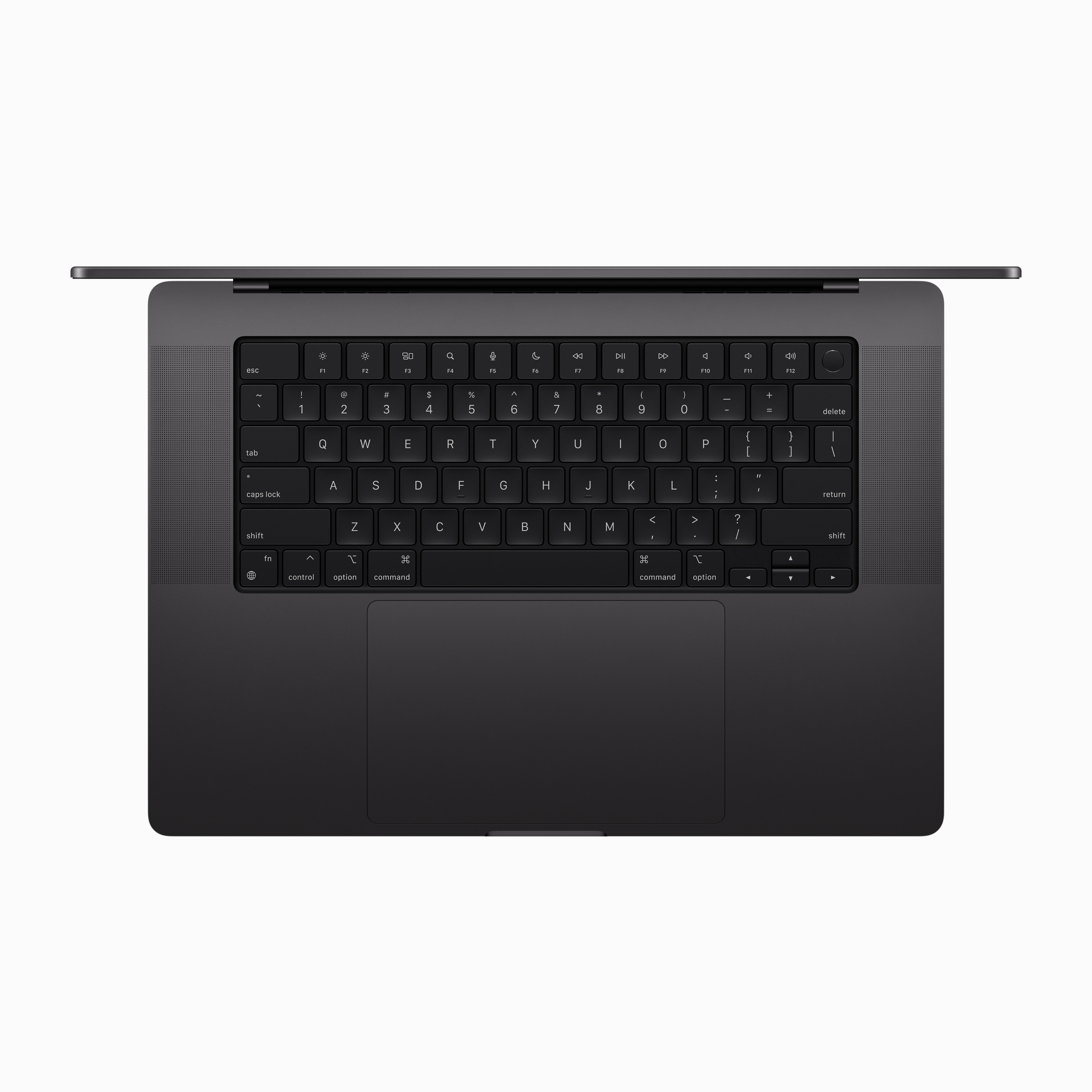 Widok z góry na czarny laptop, otwarty, pokazujący czarną klawiaturę i gładzik. Białe tło.