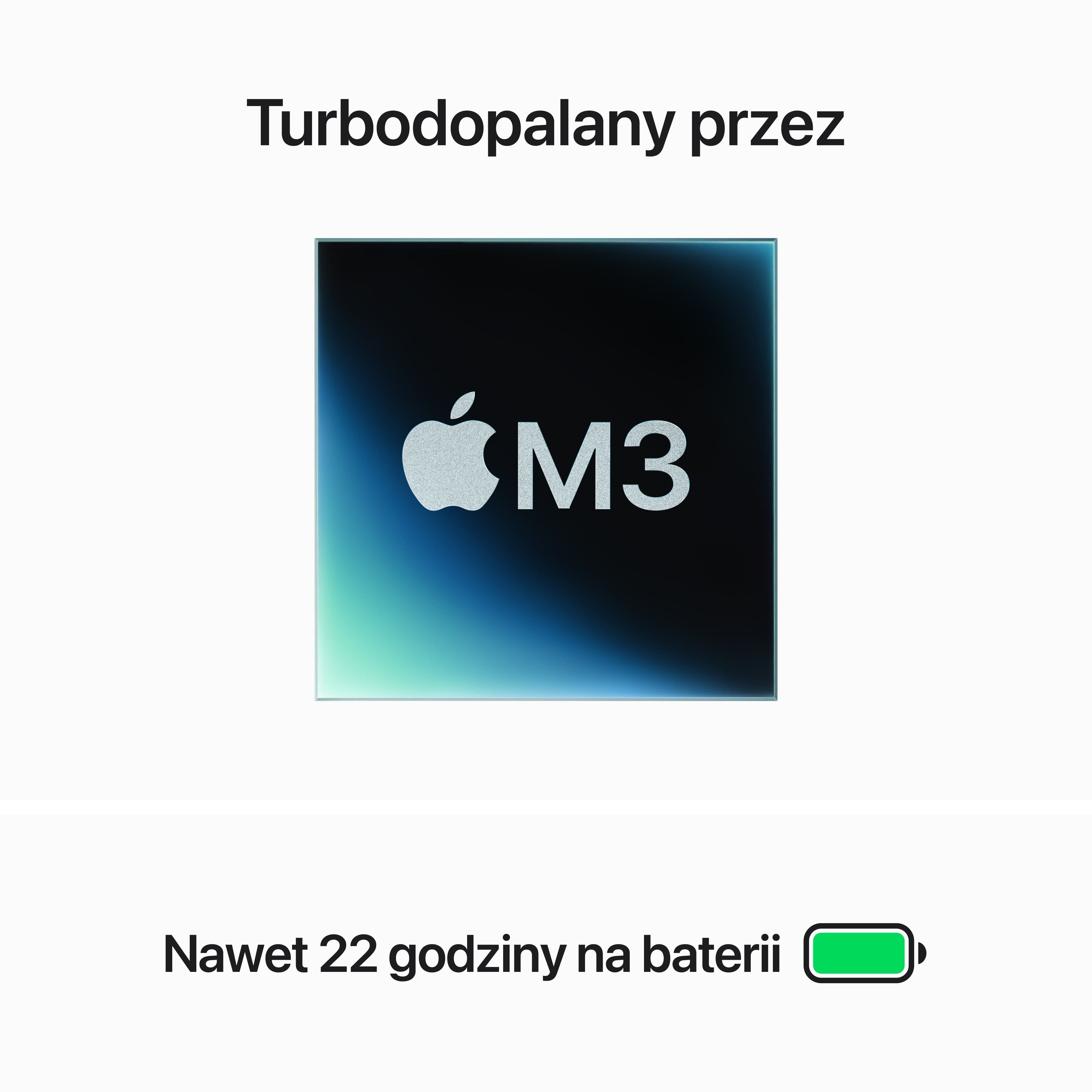 Kwadratowa ikona z logo Apple i tekstem M3. Tekst: Do 22 godzin pracy na baterii. Zielona ikona baterii.