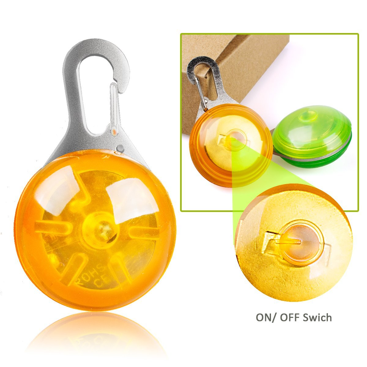 Orangefarbenes und grünes Hundehalsbandlicht mit Karabiner. Nahaufnahme des Schalters wird mit Text gezeigt.