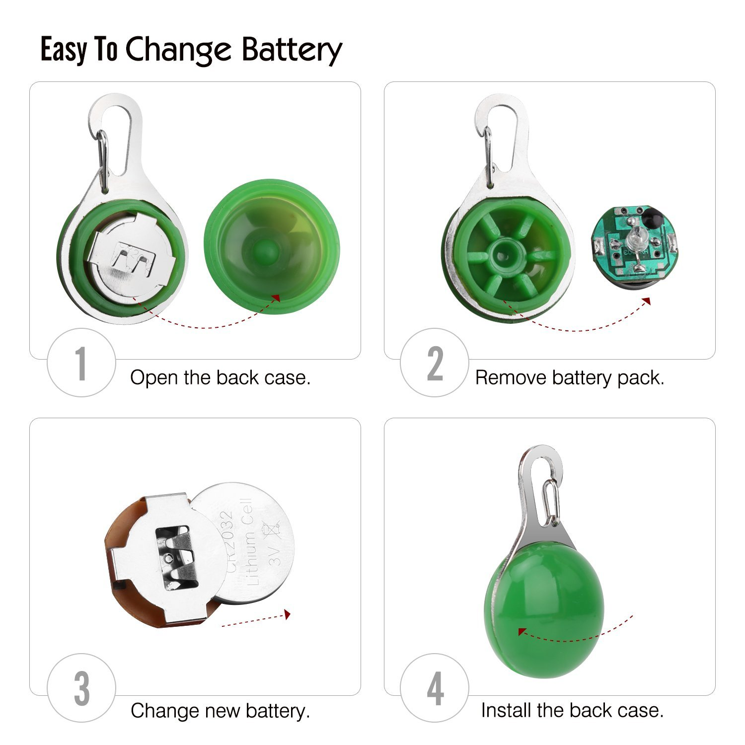 Vier Bilder, die zeigen, wie man die Batterie in einem grünen, leuchtenden Hundeanhänger wechselt.