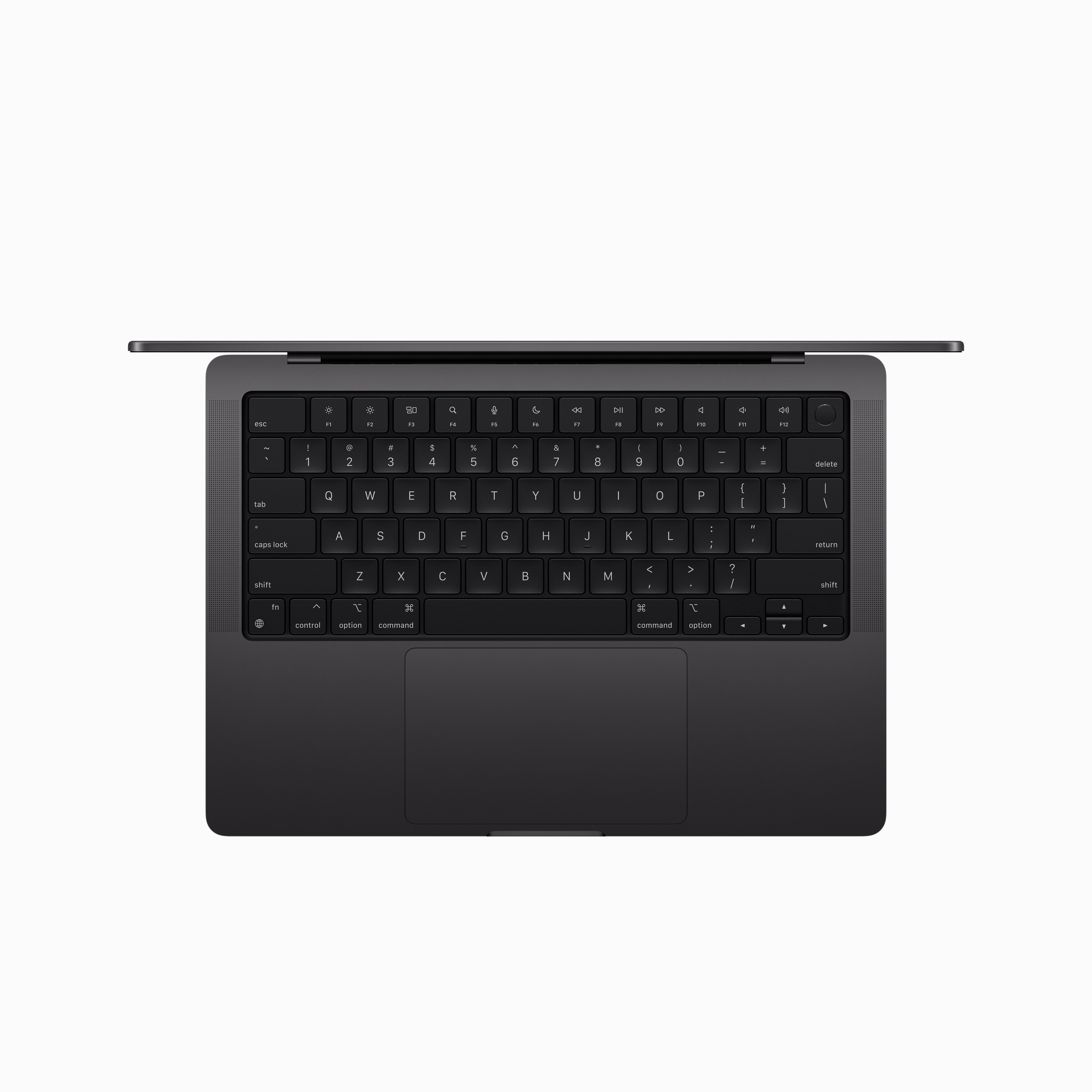 Klawiatura laptopa, widok z góry. Czarne klawisze, srebrna ramka i gładzik.