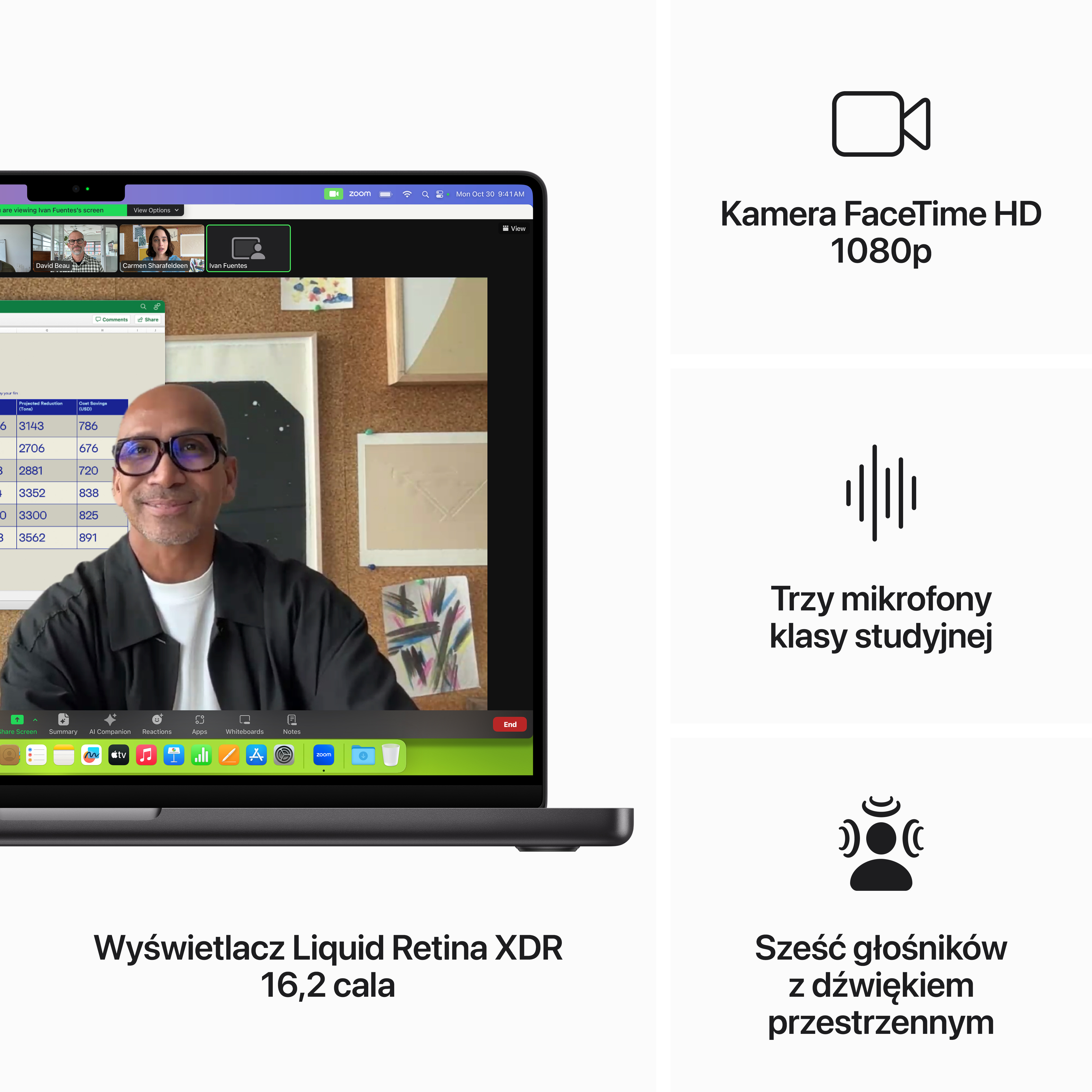 Laptop z rozmową wideo na wyświetlaczu Liquid Retina XDR 16,2 cala.