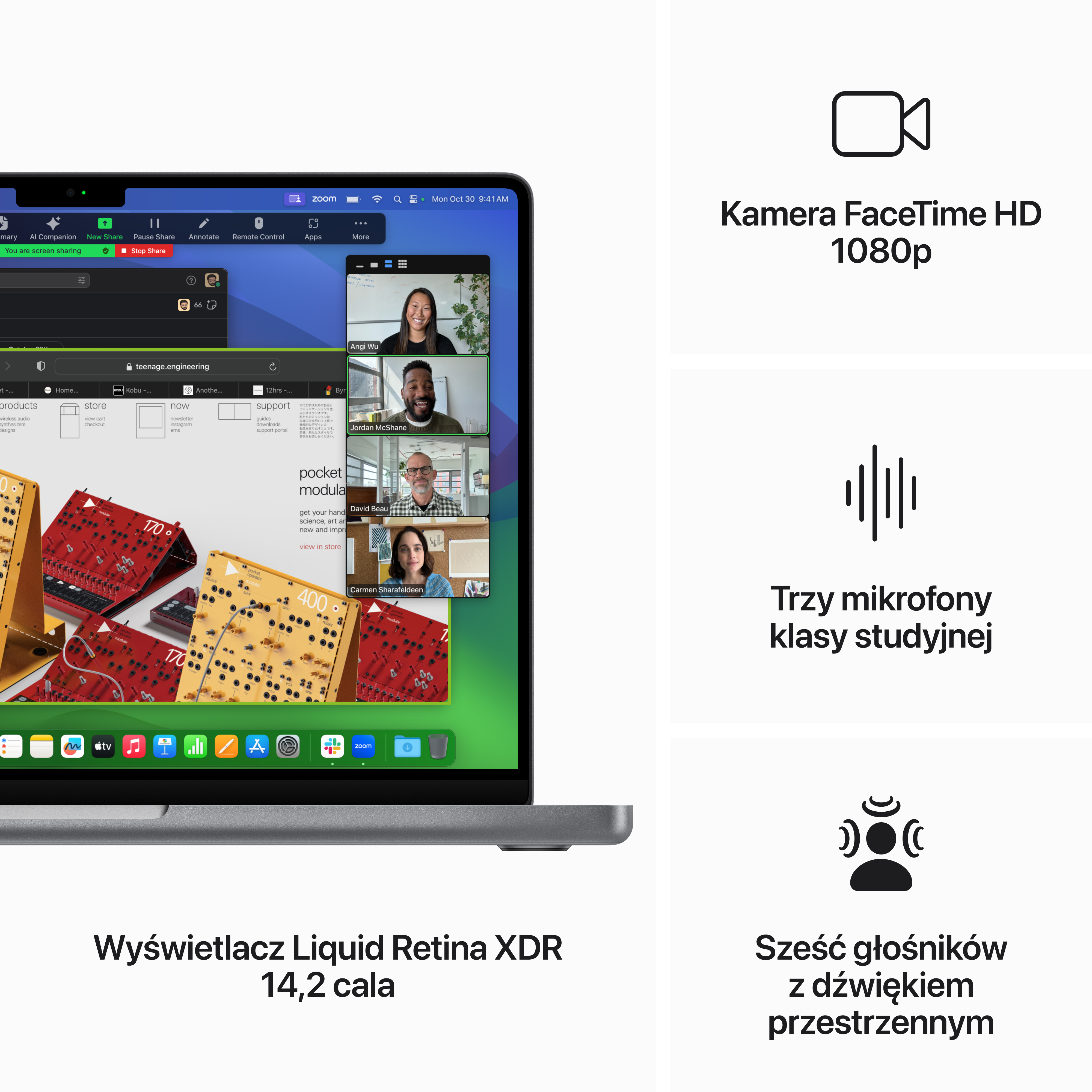 Laptop z rozmową wideo na ekranie z kamerą, mikrofonami, głośnikami i wyświetlaczem.