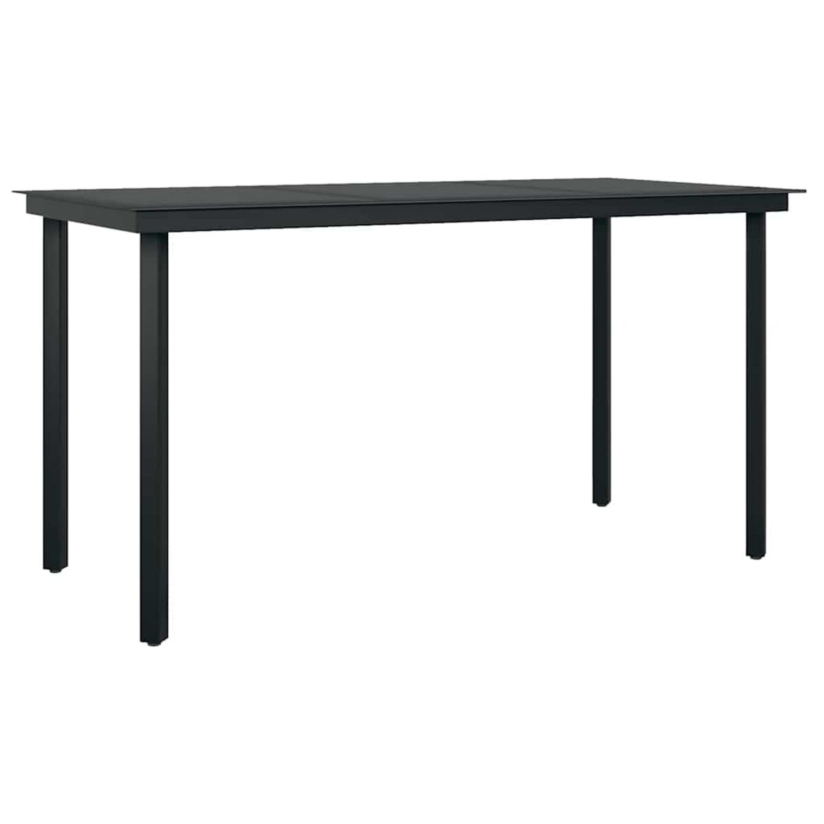 Tavolo nero con quattro gambe. Ha una superficie rettangolare ed è molto semplice.
