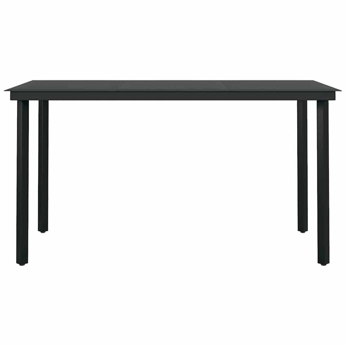 Un tavolo rettangolare nero con gambe nere, visto da un'angolazione frontale, isolato su bianco.