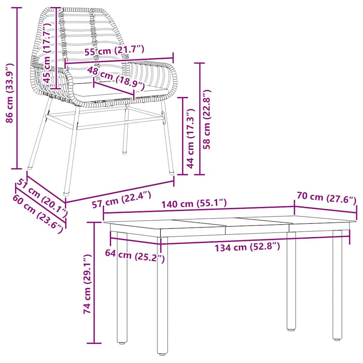 Diagramma di una sedia e un tavolo con dimensioni in cm/pollici.