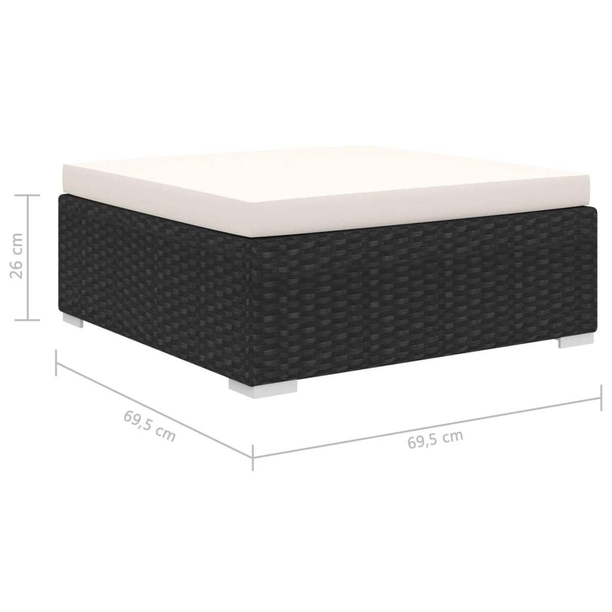 Pouff nero intrecciato per esterni con cuscino bianco, su sfondo bianco, dimensioni indicate.