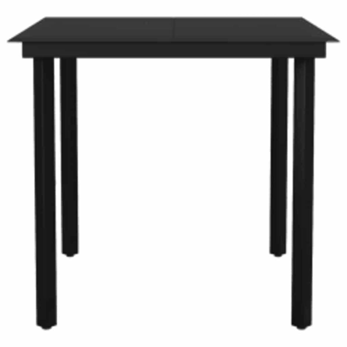 Un tavolo nero con gambe nere, visto frontalmente, su sfondo bianco.
