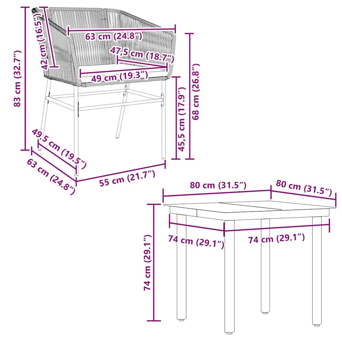 Diagramm eines Stuhls und eines Tisches mit Abmessungen. Stuhl ist gewebt, Tisch ist schlicht.