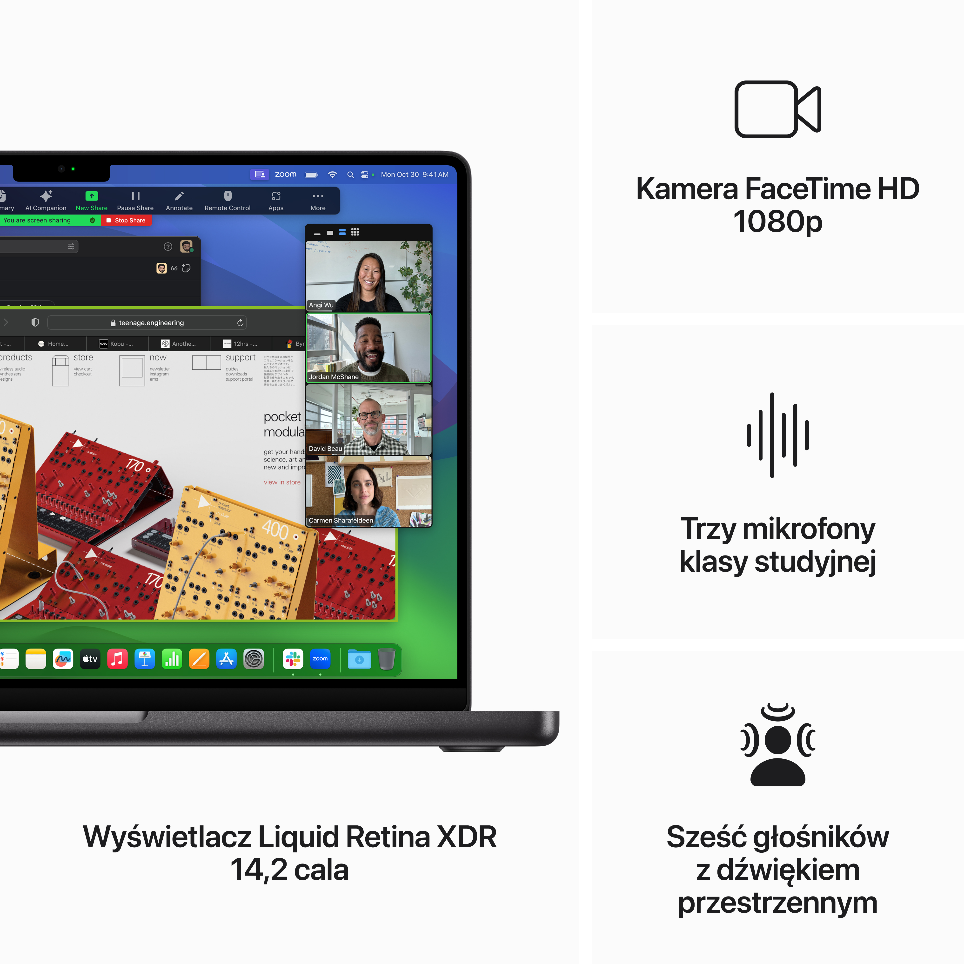 Ekran laptopa pokazuje połączenie wideo. Szczegóły obejmują kamerę FaceTime HD i wyświetlacz Liquid Retina XDR.