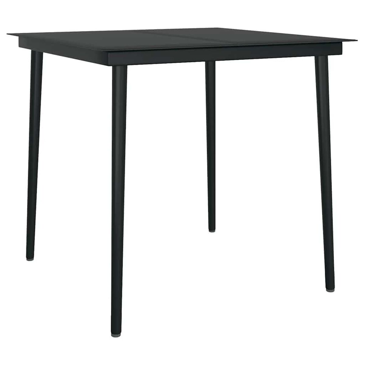 Un tavolo quadrato nero con quattro gambe nere dritte, visto da un'angolazione bassa.