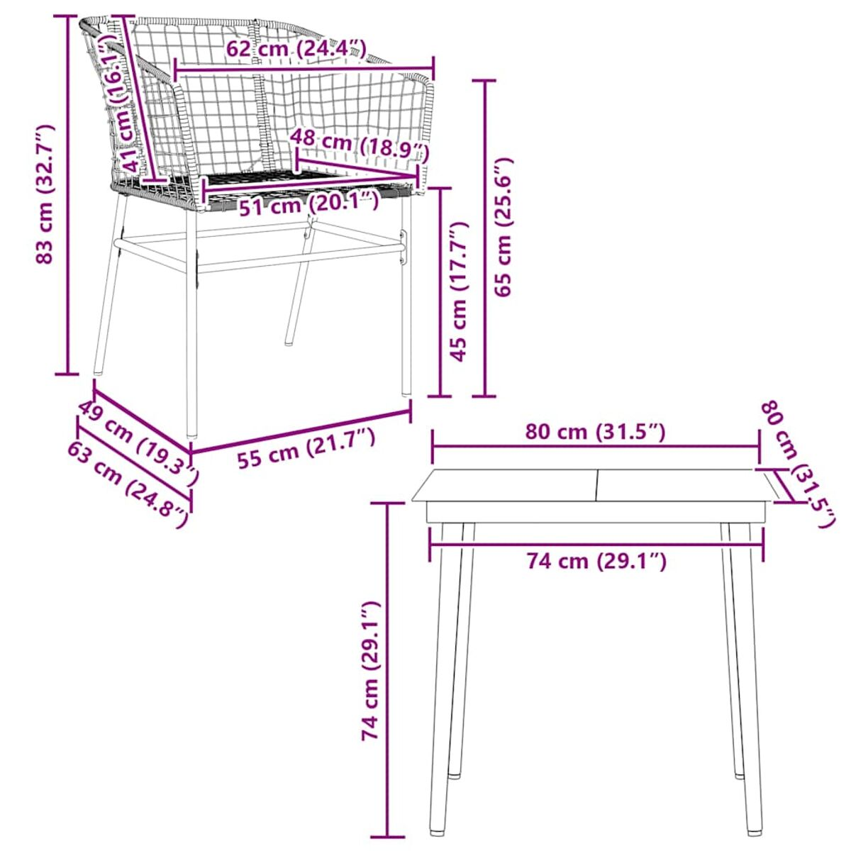 Diagramma di una sedia e un tavolo con misure in cm e pollici.
