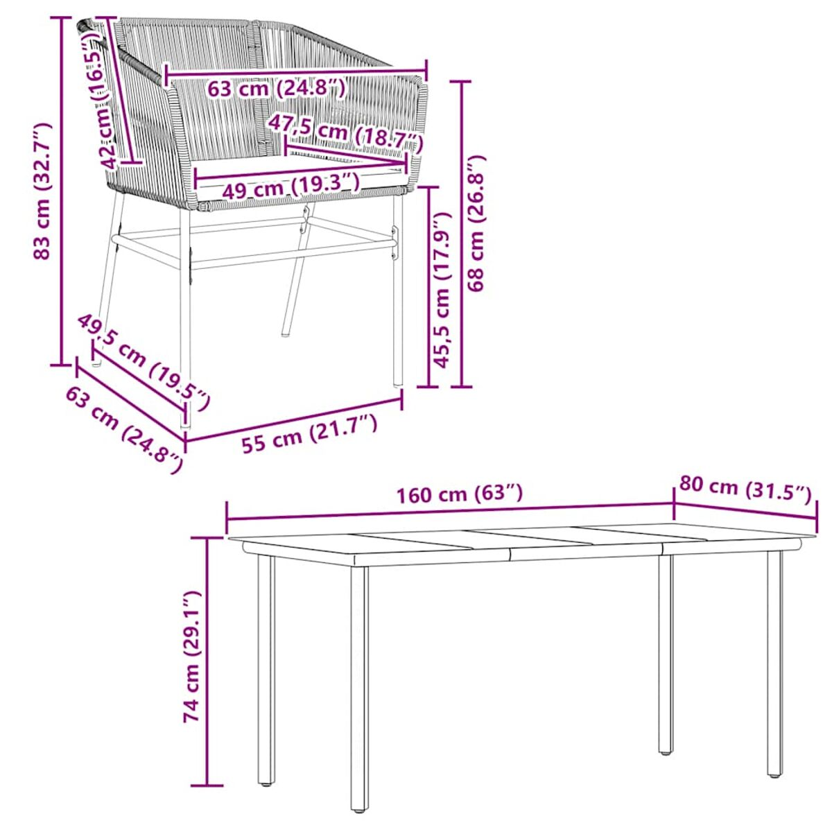 Diagramm mit Maßen eines Stuhls und eines Tisches. Abmessungen sind in cm und Zoll angegeben.