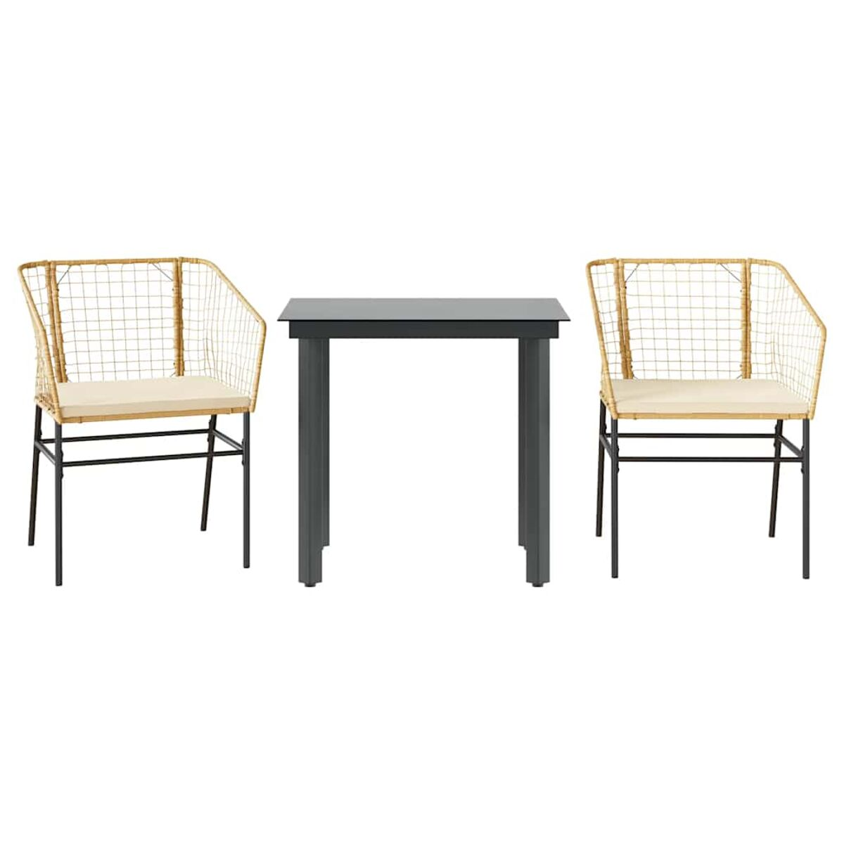 Tavolo e due sedie. Struttura in metallo, cuscini beige, tavolo nero. Sfondo bianco.