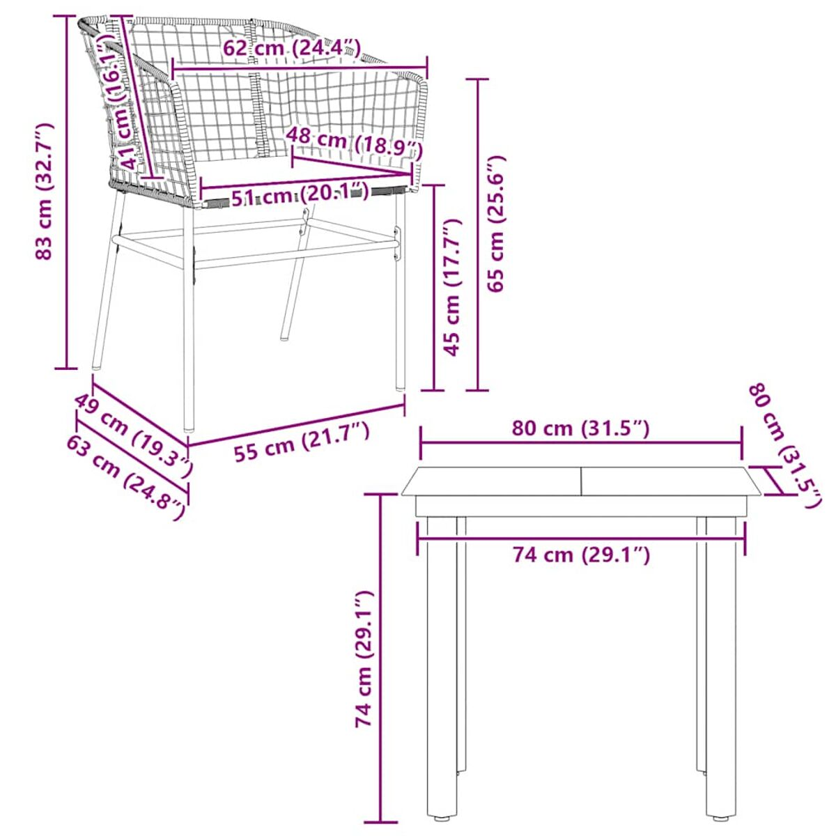 Set di sedia e tavolo in rattan. Le dimensioni sono visualizzate.