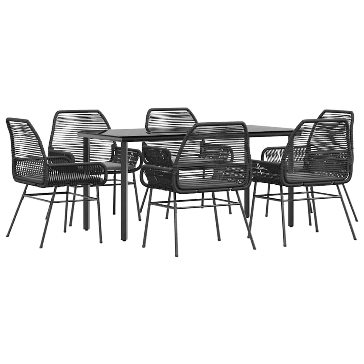 Un set da pranzo nero per esterni. Ha un tavolo nero e sei sedie nere. Le sedie hanno un design a corda.
