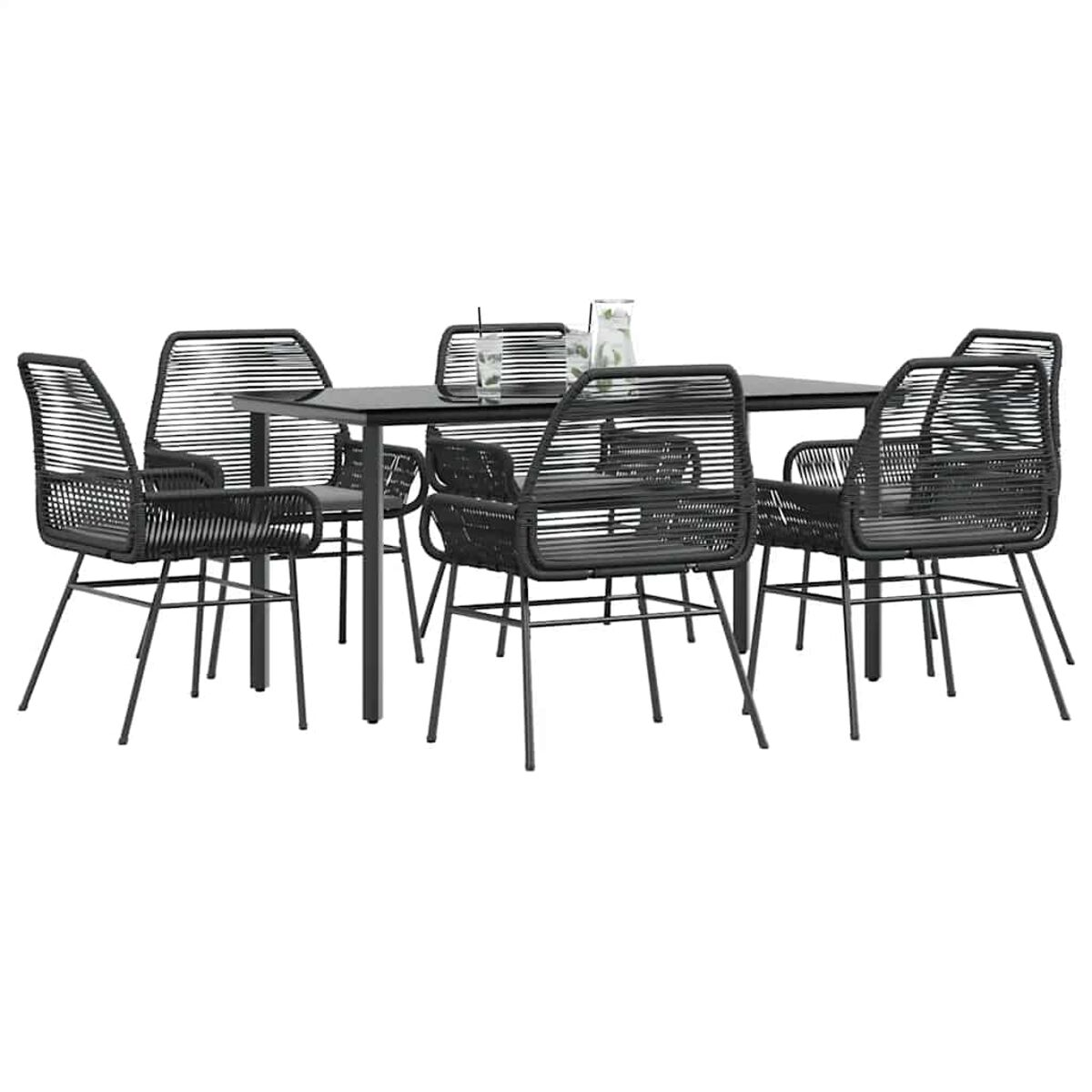 Set da patio nero: tavolo e sei sedie con sedute intrecciate.
