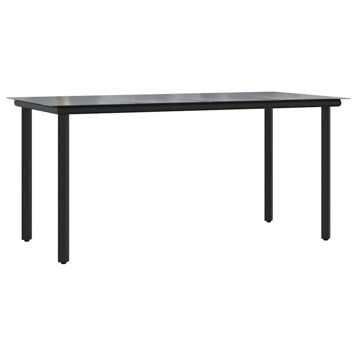 Tavolo con struttura in metallo nero con piano nero, su sfondo bianco.