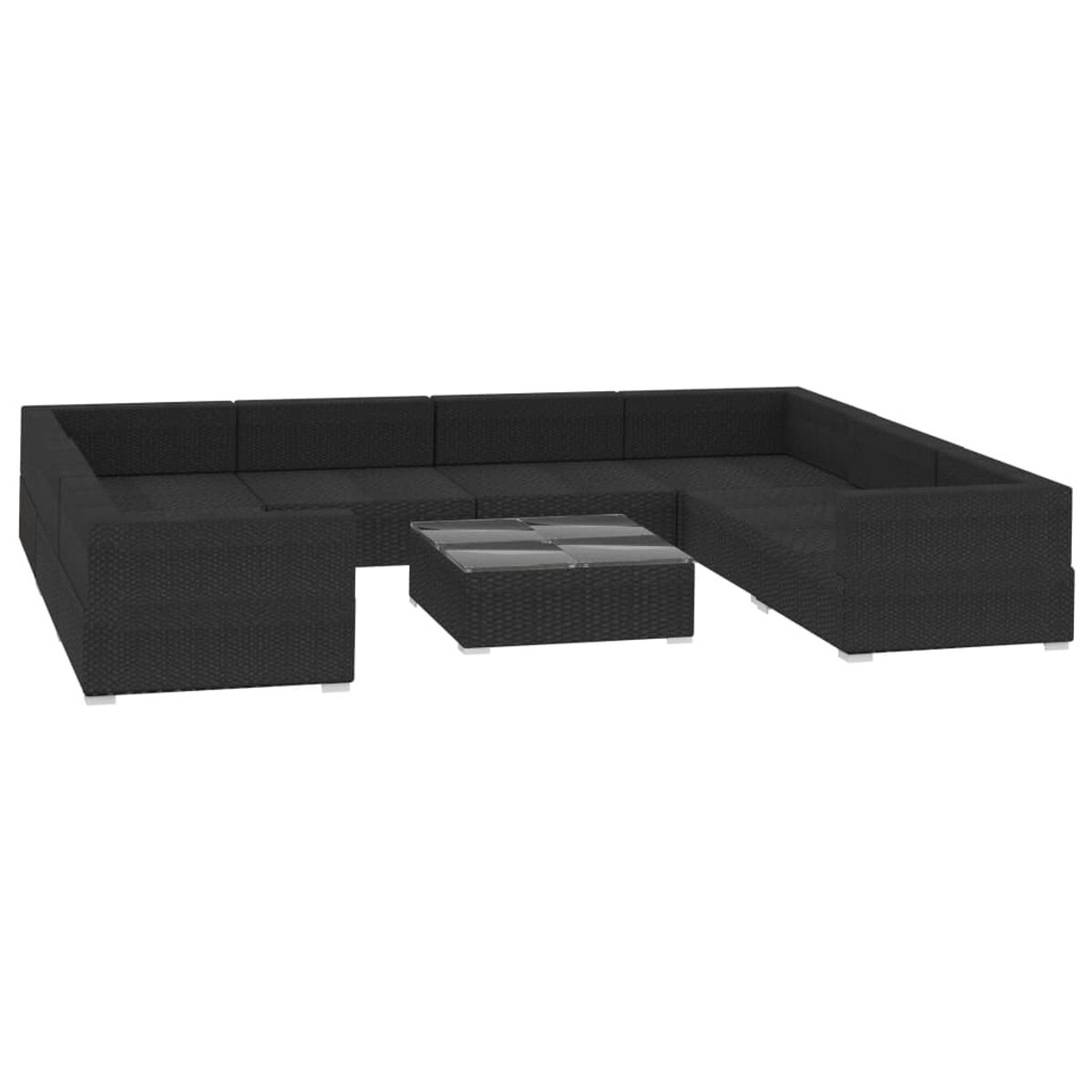 Schwarzes Outdoor-Sofa-Set. Verfügt über eine U-förmige Anordnung mit einem quadratischen Couchtisch in der Mitte.
