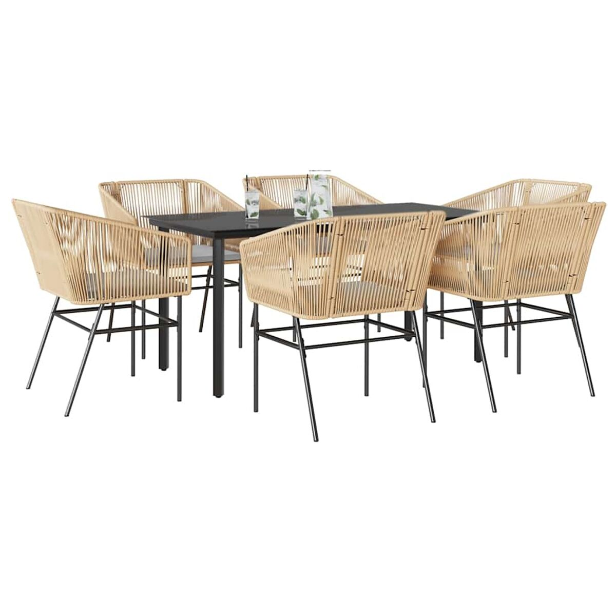 Un juego de mesa y sillas con una mesa negra y sillas beige tejidas.