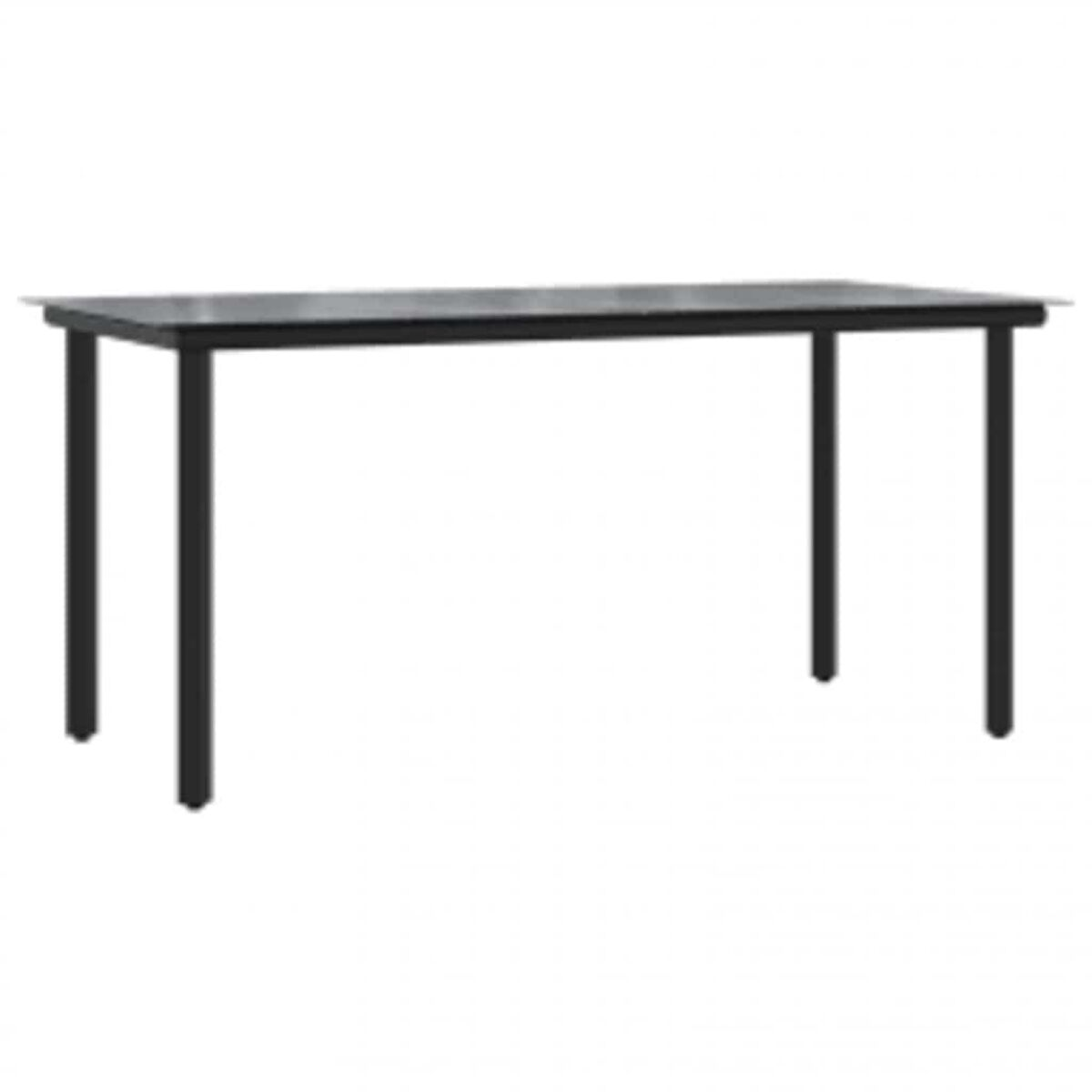 Una mesa rectangular negra con patas negras sobre un fondo blanco. La parte superior y las patas crean un diseño simple.