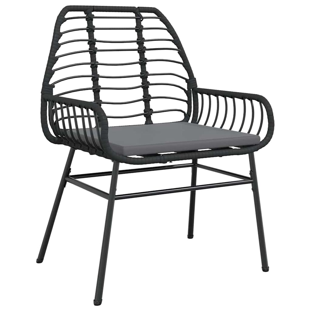 Sedia in metallo nero con cuscino grigio, con schienale curvo su un patio.