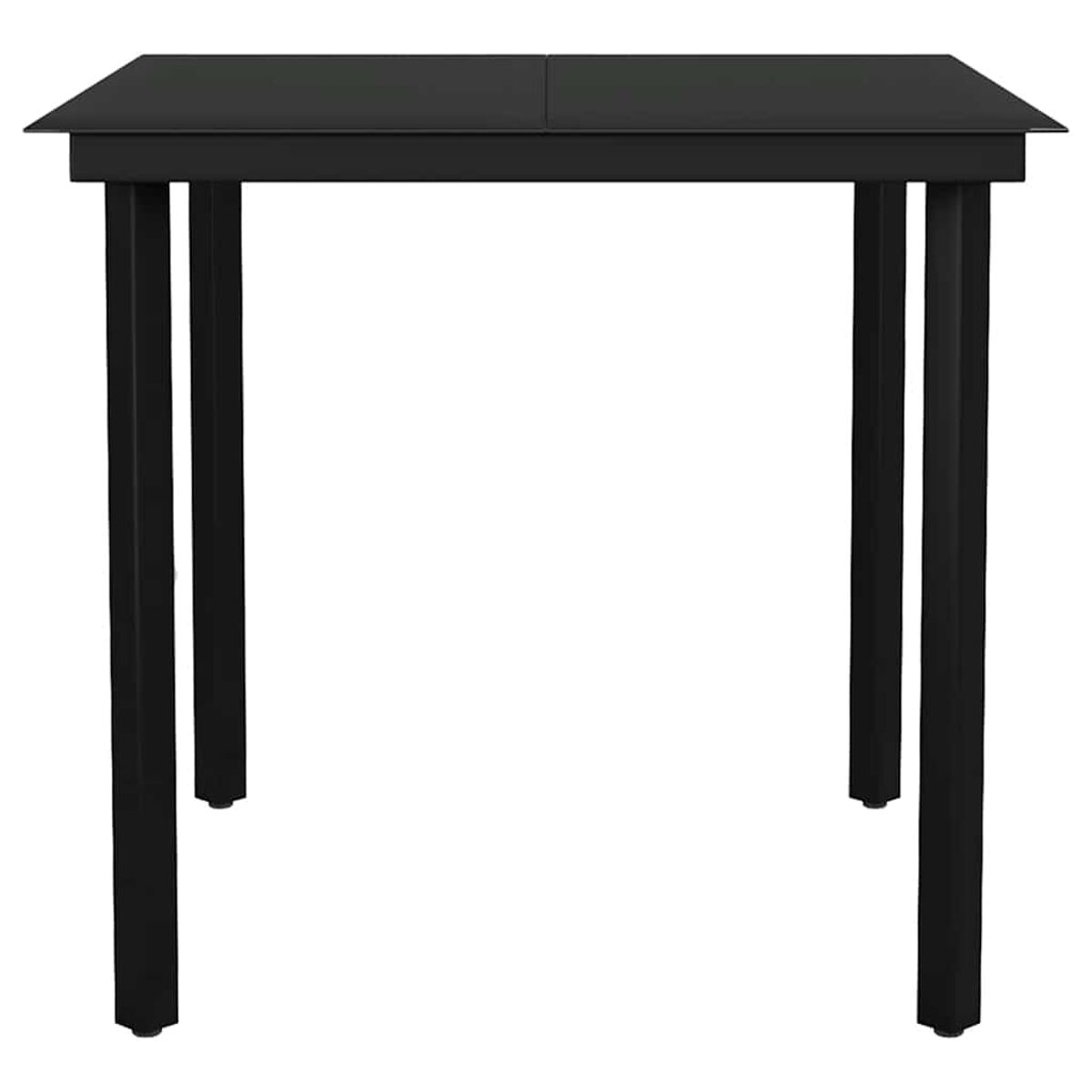 Un tavolo nero con quattro gambe nere. Il piano del tavolo è una superficie scura e riflettente. Le gambe sono dritte e angolari.