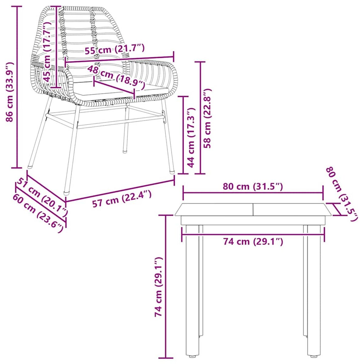 Set di mobili da esterno con misure. Sedia e tavolo con dimensioni.