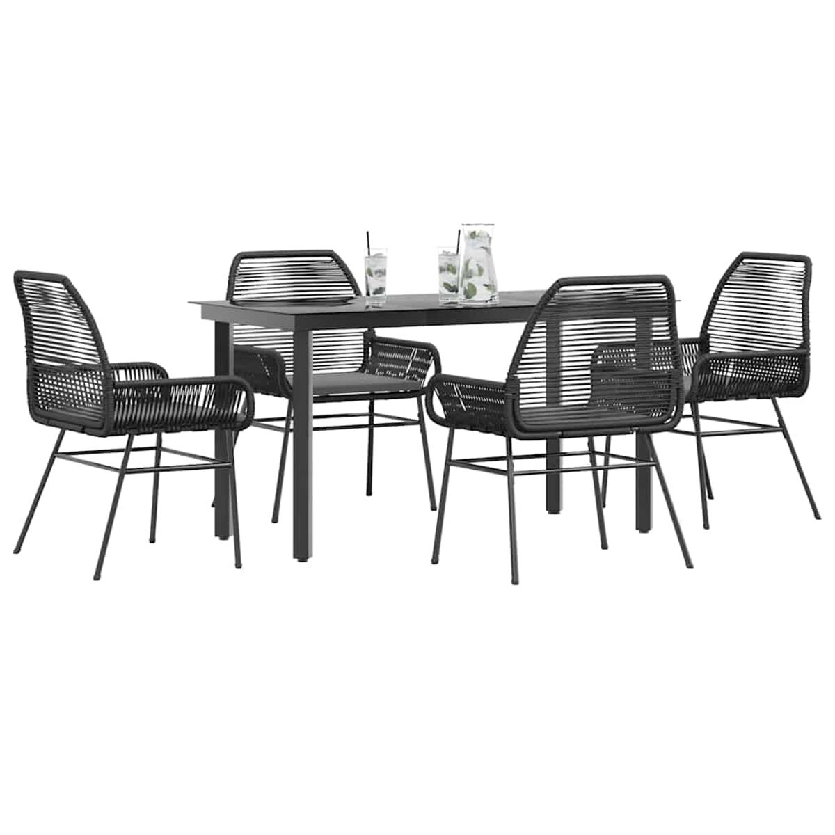 Un juego de comedor negro para exteriores con una mesa y cuatro sillas, todo sobre un fondo blanco.