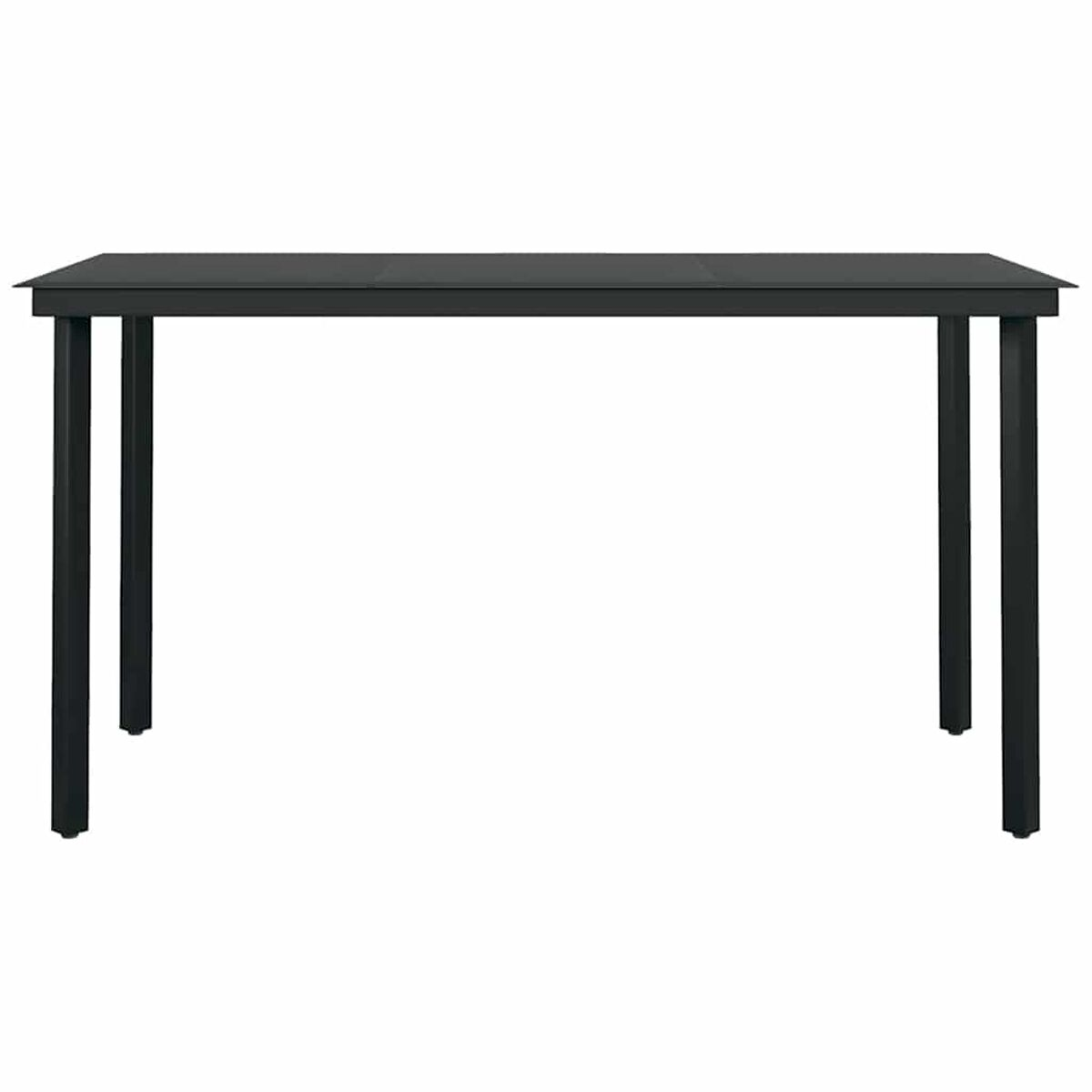 Un tavolo nero con piano in vetro e quattro gambe nere, su sfondo bianco.