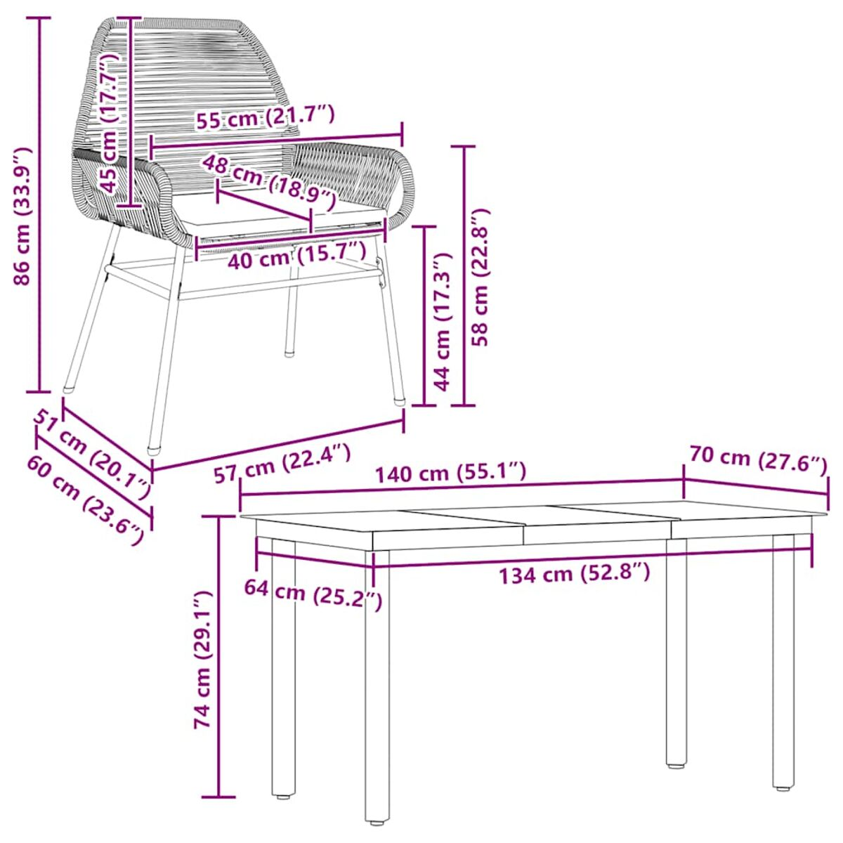 Dimensioni del tavolo da pranzo e della sedia mostrate con linee. Tavolo: 140cm x 70cm. Sedia: 55cm x 51cm.