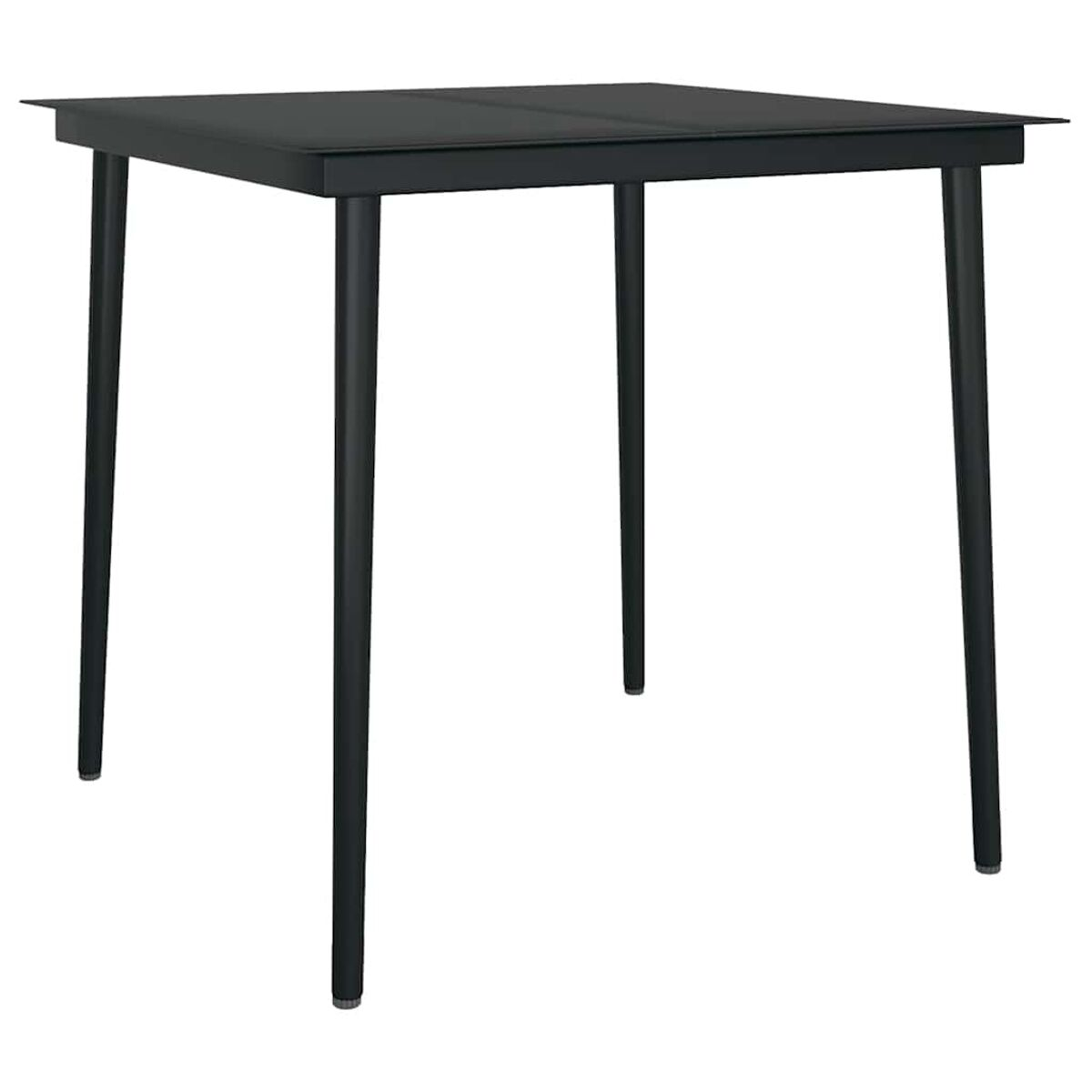 Viene mostrato un tavolo quadrato nero con quattro gambe nere.